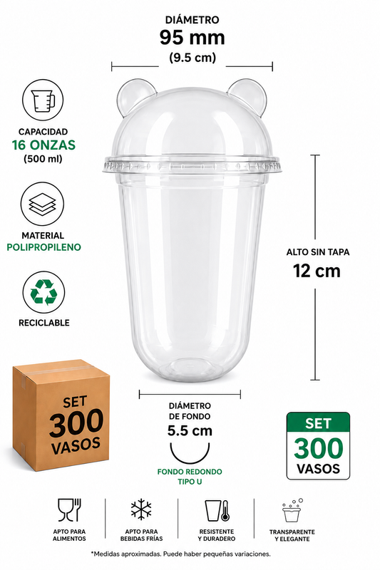 SET 300 vaso U de 16oz con tapa de Panda-Ideal Bubble Tea