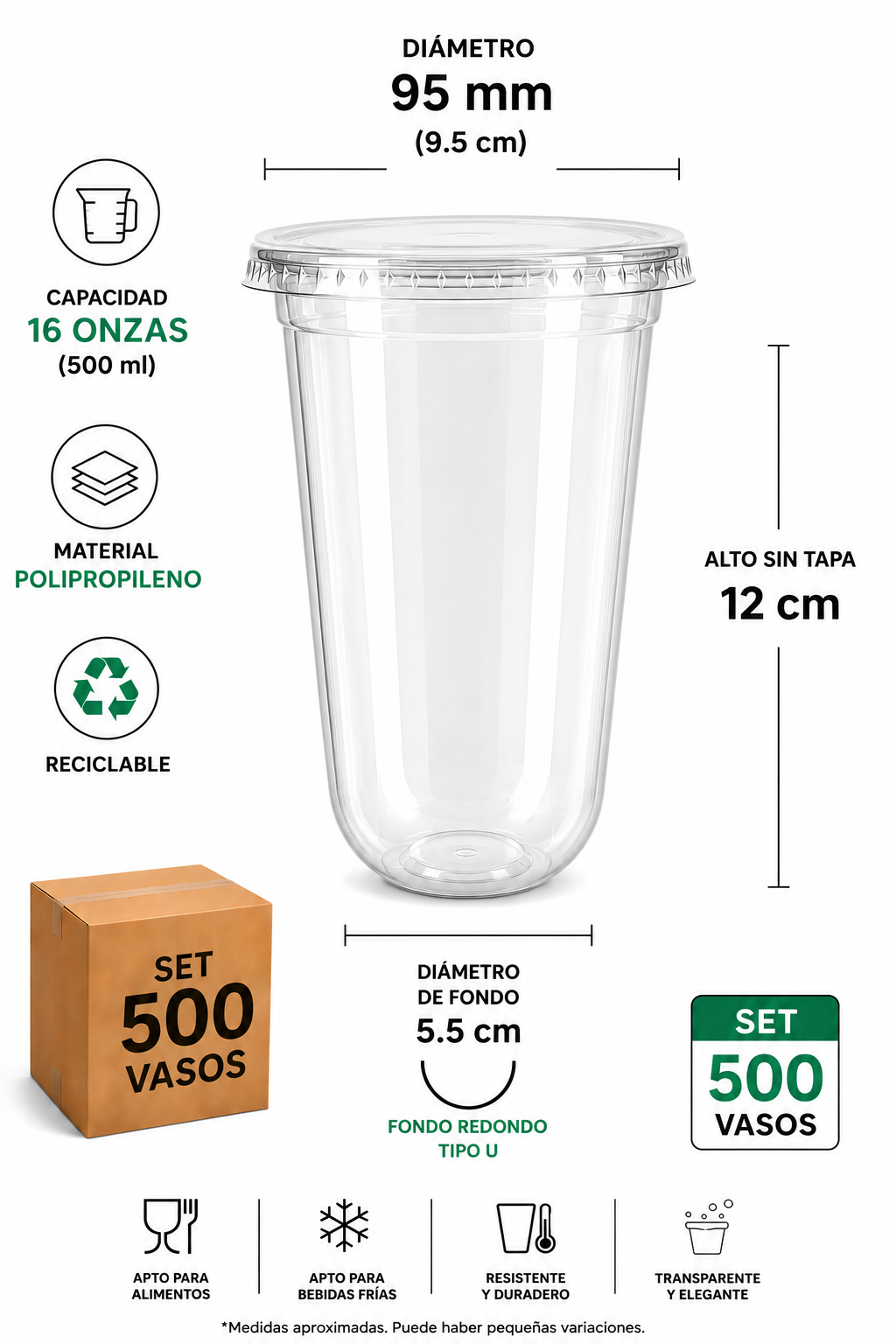 SET 500 Vaso U de 16oz con Tapa Plana- Ideal Bubble Tea