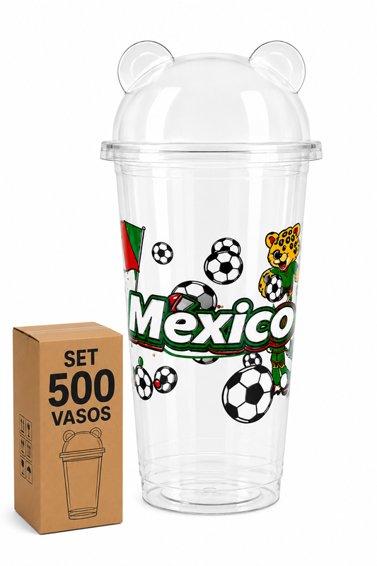 Set de 500 vasos de 600ml,90mm, Impreso México-Incluye domo Panda