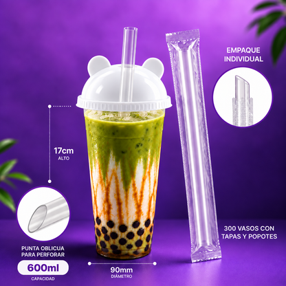 SET 300 Vasos de 600ml desechable +Panda blanco+Popote