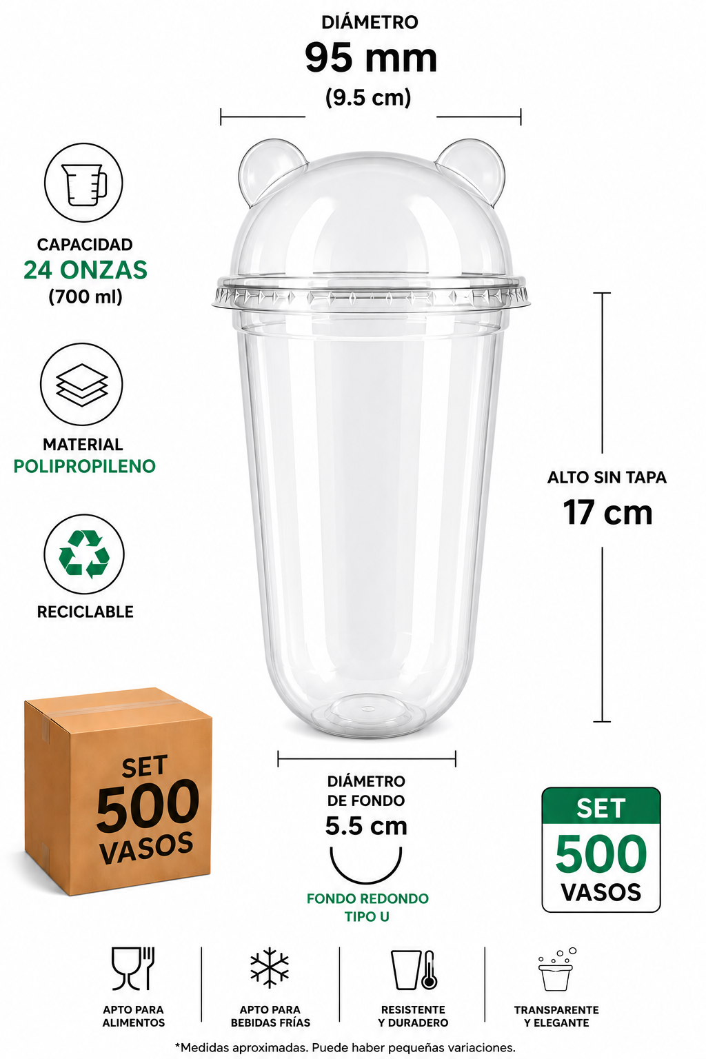 SET 500 Vaso U de 24oz con tapa PANDA - Ideal Bubble Tea