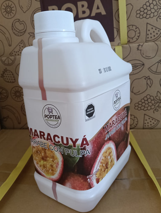 Envase de jarabe de maracuyá passion POP Tea 2.5 kg concentrado