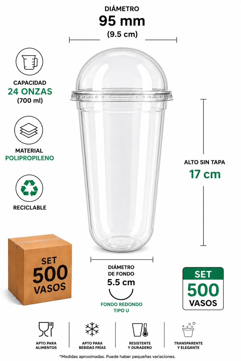 SET 500 Vaso U de 24oz con DOMO-Ideal Bubble Tea