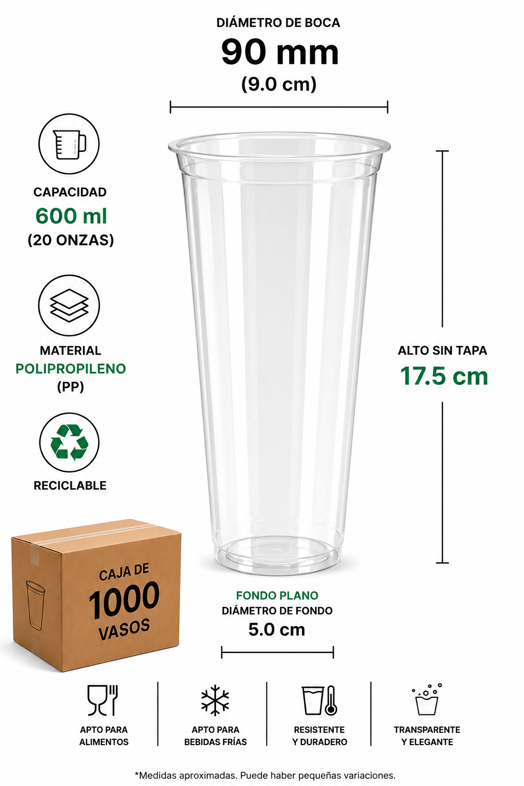 Vaso Venti 600ml alto, 90mm PP,caja 1000pz -Ideal frappé