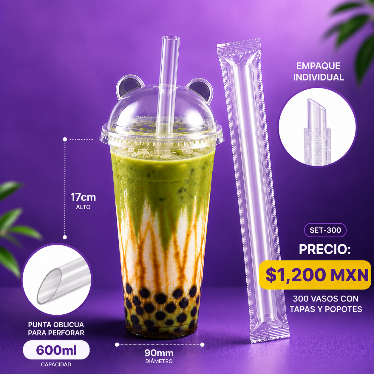 SET 300 Vaso 600ml reusables +Panda+Popote