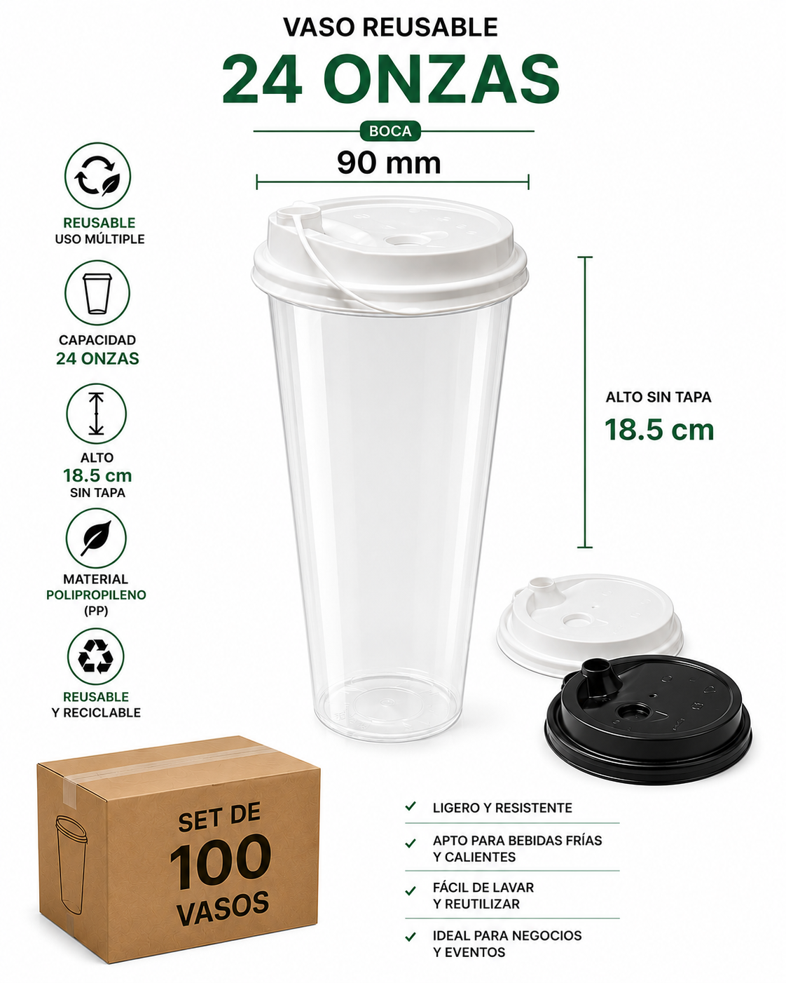 SET 100 vasos Reusables de 700 ml – Incluye tapa de boquilla