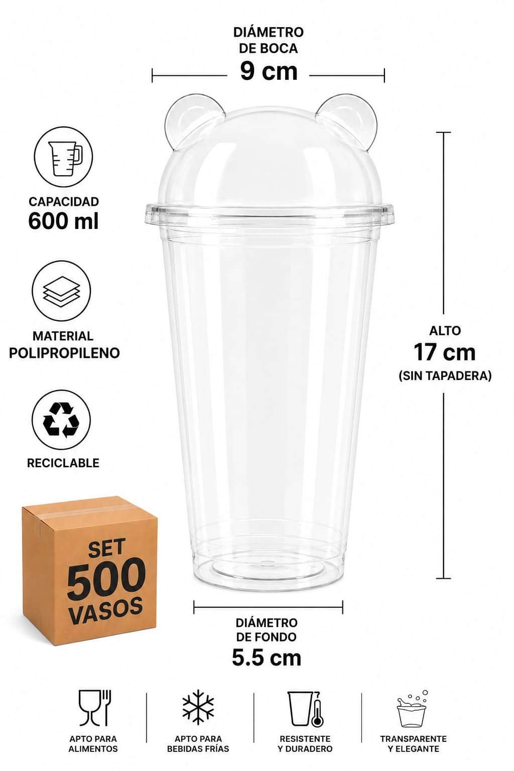 Set de 500 vasos 600ml, 90 mm, transparente, polipropileno – Con domo Panda