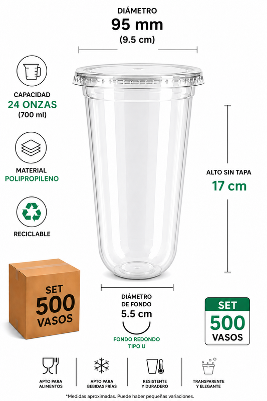 SET 500 Vasos U de 24oz con tapa plana - Ideal Bubble Tea