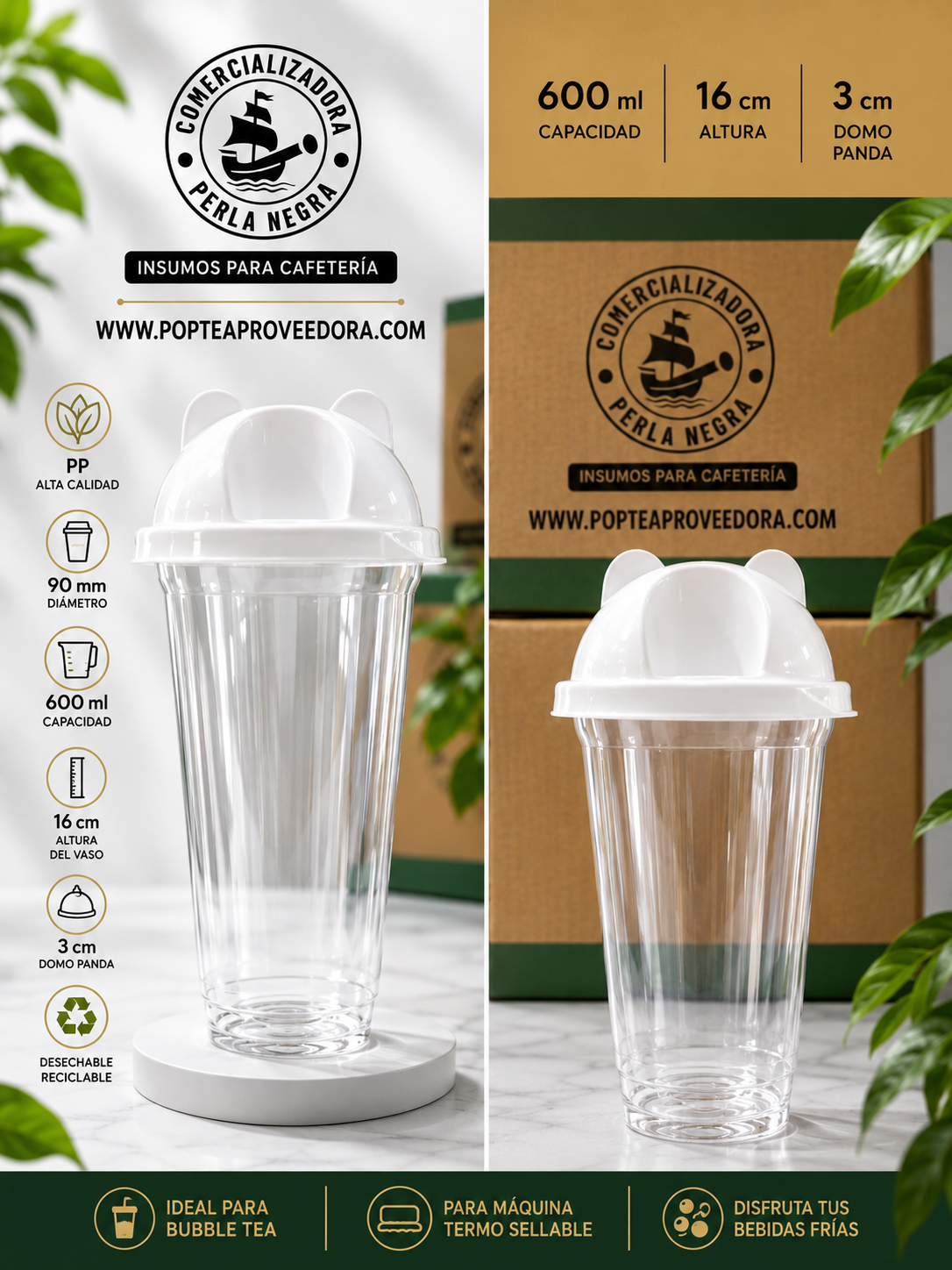 SET de 400 Vasos  de 600ml altos con Panda blanco-Vaso  tipo starbucks