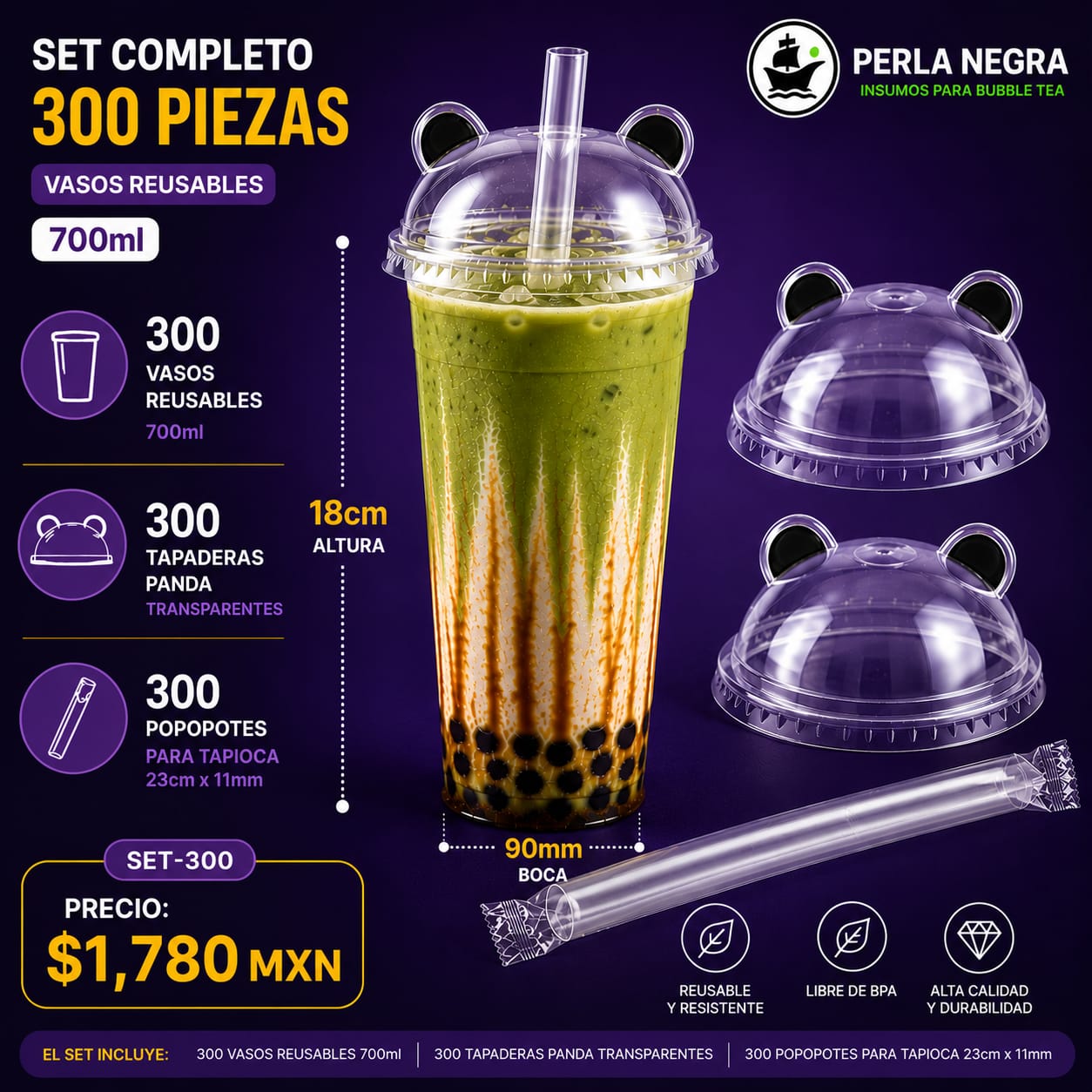 SET 300 -Vaso Reusable 700ml + Tapa Panda + Popote 11mm