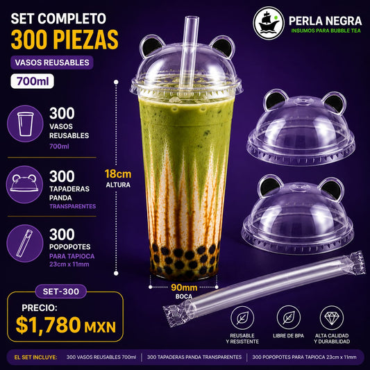 SET 300 -Vaso Reusable 700ml + Tapa Panda + Popote 11mm
