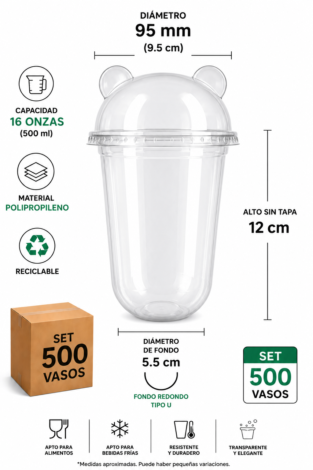 SET 500 vaso U de 16oz con tapa de Panda-Ideal Bubble Tea