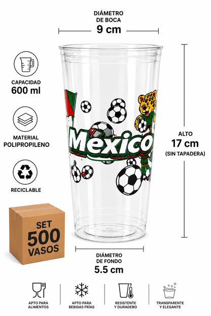 Set de 500 vasos de 600ml,90mm, Impreso México-Incluye domo Panda