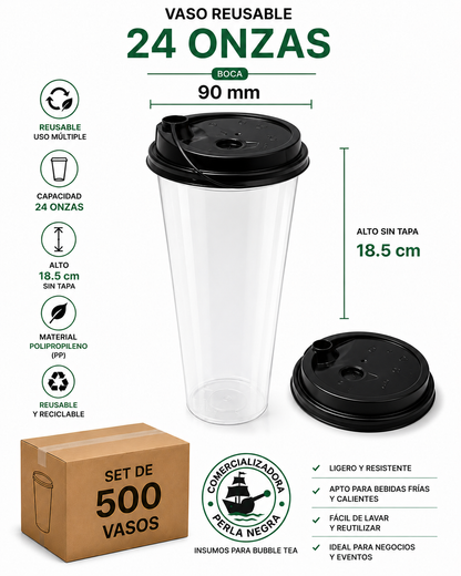 SET 500 Vaso Reusable 700ml con Tapa – Paquete 500 pzas
